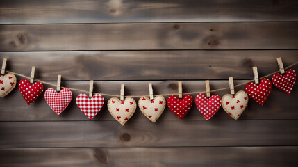 Valentine's day hearts hanging on clothesline on wooden background