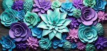 Vibrant Tropical Floral Pattern Background With Periwinkle Petunias And Teal Green Succulents On A 3D Paper Wall