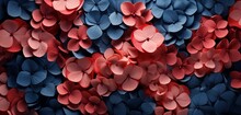 Vibrant Tropical Floral Pattern Background Showcasing Coral Begonias And Navy Blue Hydrangeas On A 3D Plaster Wall