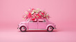  Greeting card, retro car delivering flowers, holiday mood concept, Women's Day, pink background with copy space