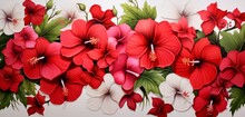 Vibrant Tropical Floral Pattern Showcasing Red Petunias And White Snapdragons On A Staggered 3D Wall Texture