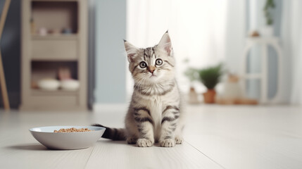 Gray tabby small cat stands near a bowl of food. Food for little cats.	