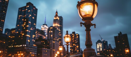 Wall Mural - Skyline with street lamp and buildings.