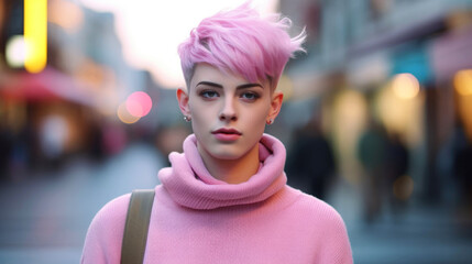 Wall Mural - The concept of transgender identity. Fashion portrait of a beautiful personality with pink hair in the city