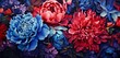 Vibrant tropical floral pattern background featuring indigo jasmine and scarlet peonies on a 3D marble wall