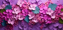 Vibrant Tropical Floral Pattern Background With Pink Bougainvillea And Purple Violets On A 3D Stucco Wall