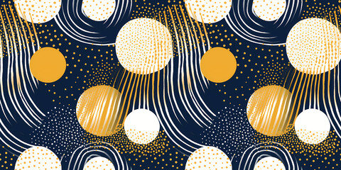 Wall Mural - Seamless Pattern with abstract dotted circles and stripes in yellow, blue, white colors. Abstract organic repeating pattern with hand drawn details. For graphic design, print, packaging paper