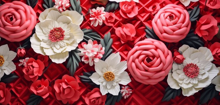 Vibrant tropical floral pattern with red ranunculus and white lilacs on a chevron 3D wall texture