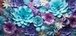 Vibrant tropical floral pattern background with periwinkle petunias and teal green succulents on a 3D paper wall
