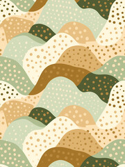 Wall Mural - Abstract Seamless Pattern with dotted wavy forms in green, beige, brown colors. Abstract organic repeating pattern with hand drawn details. For graphic design, printing, stationery packaging paper