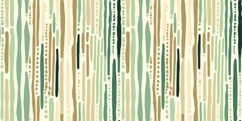 abstract seamless pattern with hand drawn vertical stripes and dots in green, beige, brown colors on