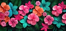 Vibrant Tropical Floral Pattern Background With Blush Roses And Shamrock Green Leaves On A 3D Chalkboard Wall
