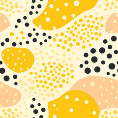 Wall Mural - Abstract seamless pattern with fluid organic rounded shapes and dots in pastel yellow, black and white colors. Monochrome flat repeating pattern for graphic design, print, packaging paper