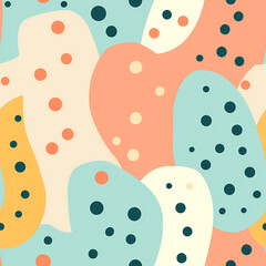 Wall Mural - Abstract seamless pattern with blue, coral, yellow, red and beige rounded shapes and dots. Repeating pattern for background, graphic design, print, interior, paper