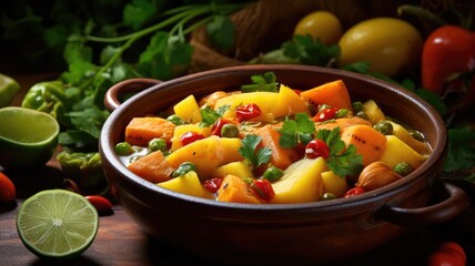 Wall Mural - Vibrant vegetable stew in a terracotta pot, garnished with fresh herbs