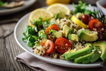 Wall Mural - Fresh and Healthy: Quinoa Salad with Avocado and Lemon Dressing - A Nutrient-Dense Culinary Creation Combining Quinoa, Ripe Avocado, Cherry Tomatoes, and a Light Lemon Dressing for Gourmet Refreshment
