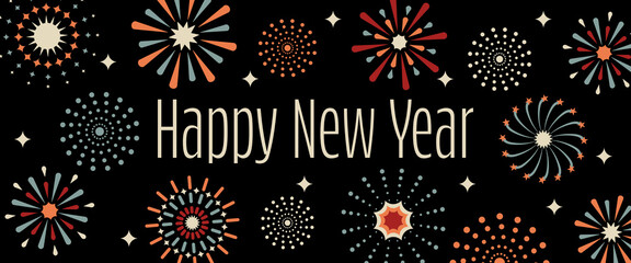 Sticker - Happy New Year - Schriftzug in englischer Sprache - Frohes neues Jahr. Neujahrskarte mit buntem Feuerwerk.