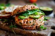 Japanese Culinary Delight: Teriyaki Salmon Burger - A Succulent Salmon Patty Glazed with Teriyaki Sauce, Topped with Avocado Slices, Watercress, and Pickled Ginger, Served on a Toasted Multigrain Bun.