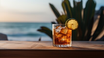 Poster - A glass of a drink with ice and lemon slice on the table, AI