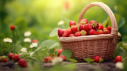 Wall Mural - A basket full of strawberries sitting on the ground