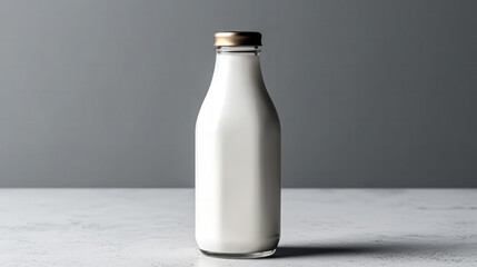 Wall Mural - glass bottle with fresh milk on a clean gray background.