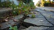A cracked sidewalk with overgrown weeds, portraying the neglect of urban infrastructure in impoverished areas.