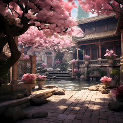 Sticker - A hidden courtyard filled with blossoming cherry trees