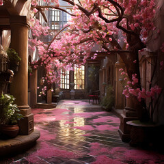 Wall Mural - A hidden courtyard filled with blossoming cherry trees