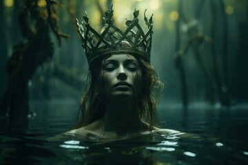 fantasy woman river nymph, elf princess or mermaid. princess floats on lake. mythical female creatur