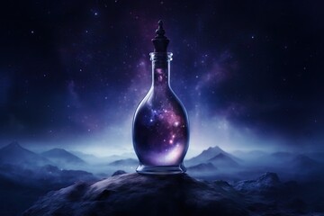 Wall Mural - Bottle of magic potion glowing in darkness with mystery night starry sky on background. Glass vial with galaxy elixir. Fantasy substance, witch's bottled drinks