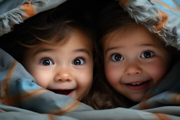 Poster - Baby friends sharing a funny peek-a-boo moment, showcasing the sheer delight of discovering the world around them. Generative Ai.