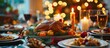 Family dinner at home for Thanksgiving or Christmas with delicious turkey roast and festive table setting.