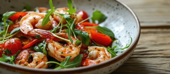 Poster - Tasty prawn and veggie salad with flavorful dressing, perfect for lunch.