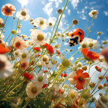 Ladybugs Exploring A Field Of Blooming Wildflowers.