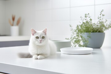 Wall Mural - White domestic cat sitting on modern kitchen counter. Pet on kitchen table on sunny day at home. Light scandinavian interior design. Cozy place for cooking with copy space