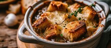 Classic French Onion Soup Topped With Cheesy Croutons And Thyme.