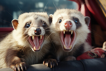 Poster - A pair of energetic ferrets engaging in playful antics, bringing joy and liveliness to the household. Concept of ferret frolic. Generative Ai.