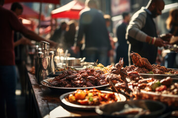 Poster - A lively street fair filled with the aroma of street food, capturing the essence of community and enjoyment during a festive afternoon. Concept of street fair delight. Generative Ai.