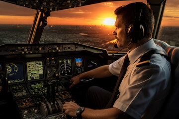 Poster - A pilot confidently preparing for takeoff in the cockpit of an airplane, embodying the responsibility and precision of aviation professionals. Concept of aeronautical expertise. Generative Ai.