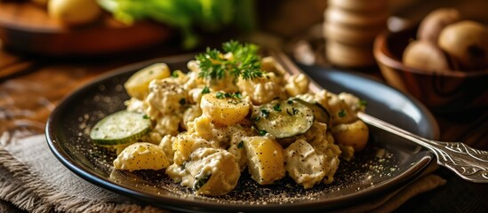 Wall Mural - Potato salad with pickles on a dark plate.