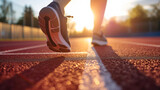 Fototapeta  - Close-up of Athlete's Running Shoes on Track at Sunset