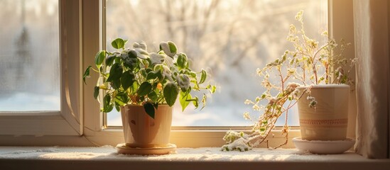 Poster - Winter time inside, houseplant on windowsill.