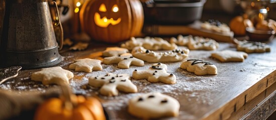 Wall Mural - Making oven-baked festive cookies: ready-to-bake Halloween shapes.