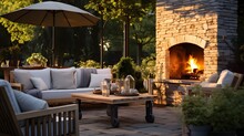Serene Backyard Patio With Outdoor Seating And A Fireplace