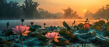 Lotus Blossoms At Sunrise.