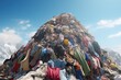 Huge piles of unnecessary clothes in the landfill. The problem of overproduction, irrational consumption and environmental pollution.