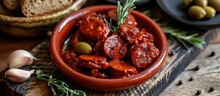 Traditional Mediterranean Cured And Smoked Spicy Paprika Sausage, Cooked In Red Wine With Garlic And Green Olives. Popular Spanish Hot Tapas.