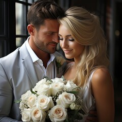 Wall Mural - bride and groom in tuscuny for wedding day with beautiful white roses shot 