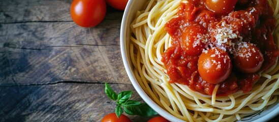 Canvas Print - Tomato sauce on spaghetti, seen from above with space for text.
