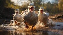 Group Of White Geese Swimming In A Lake At Sunset In Summer